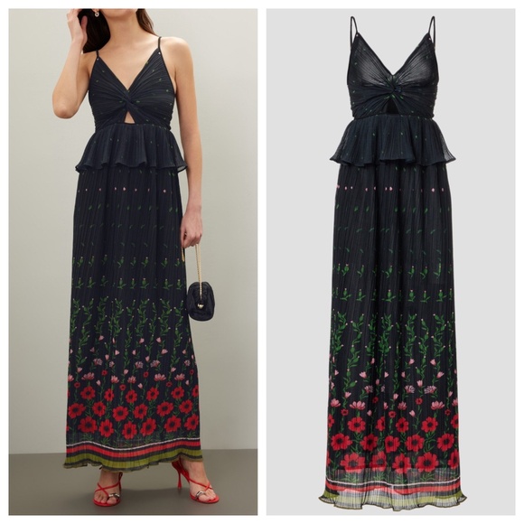 Sabina Musayev Selina Black Floral Pleated Peplum Cutout Maxi Dress - SMALL - Picture 1 of 11